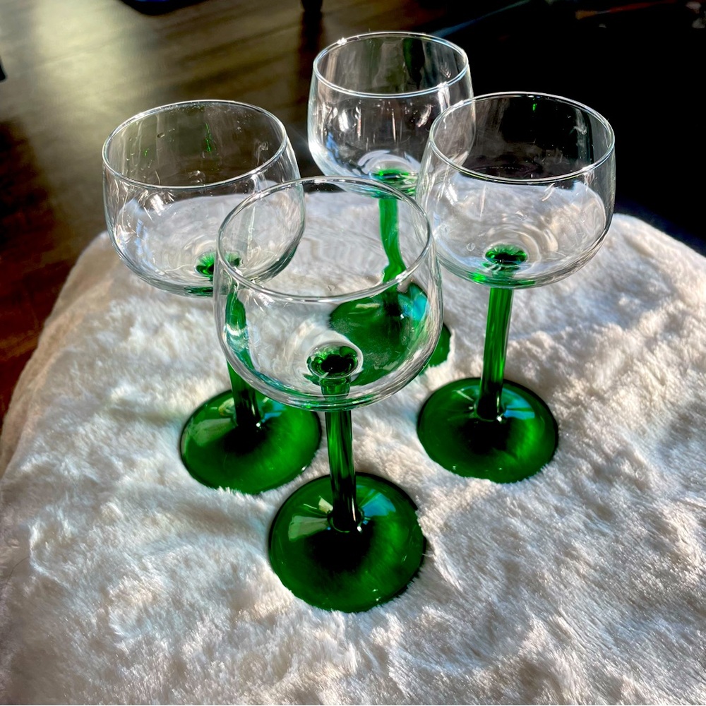 Set of 4 Vintage Luminarc Verrerie D’Arques Green-Stem Wine Glasses
